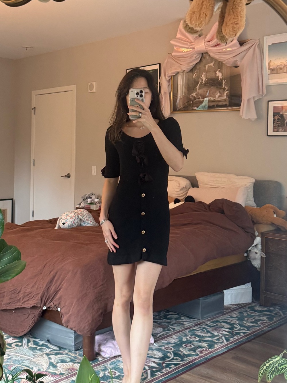 Vintage St John black wool velvet bow embellished mini dress